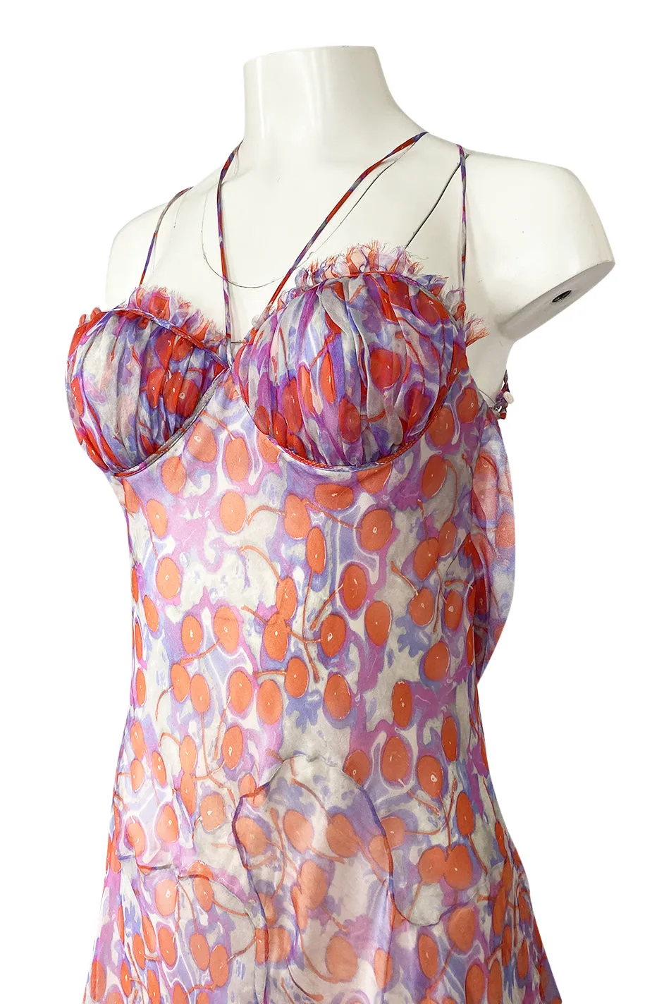 c2003 Alexander McQueen Silk Chiffon Cherry Print Backless Dress