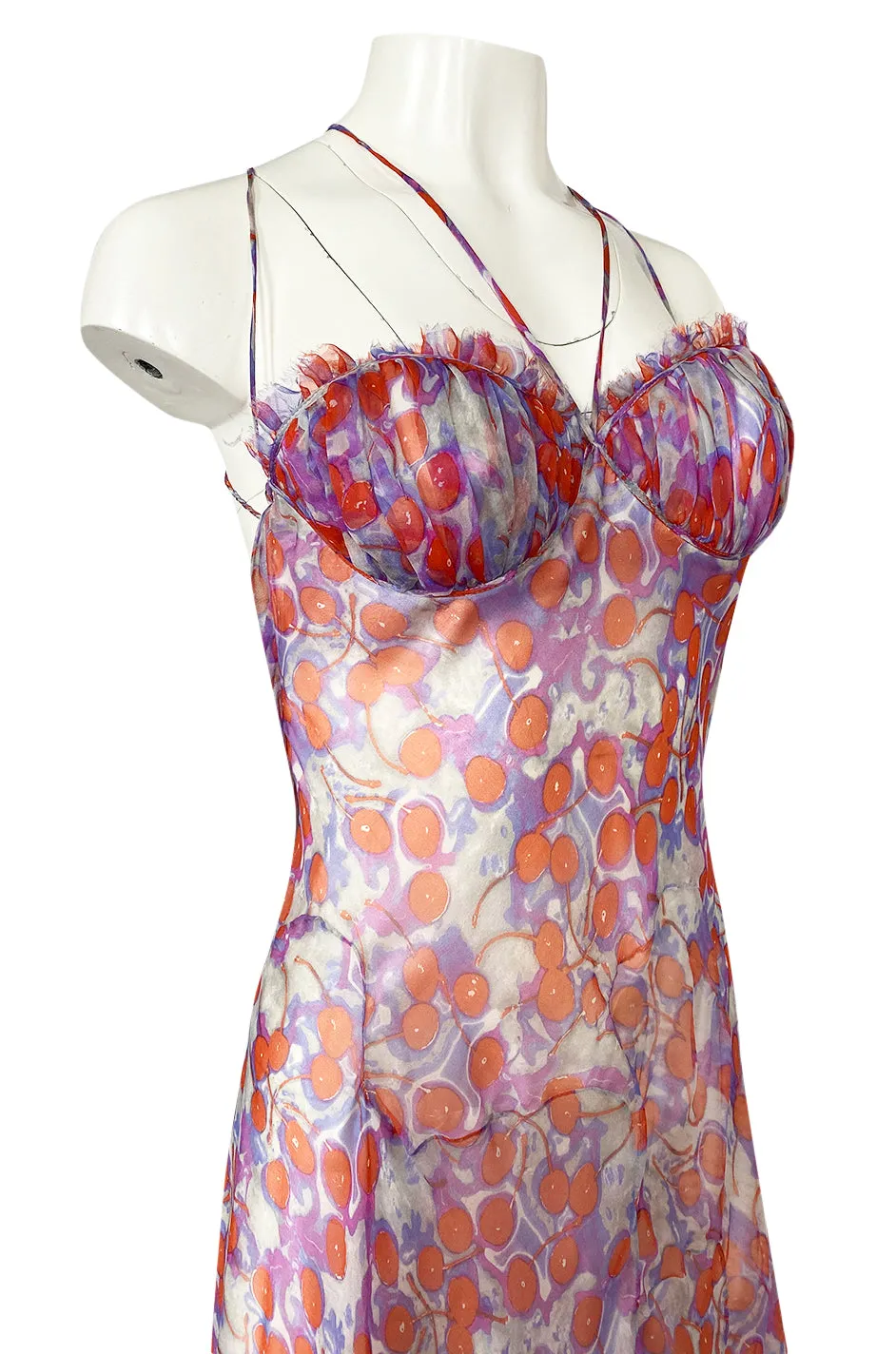 c2003 Alexander McQueen Silk Chiffon Cherry Print Backless Dress
