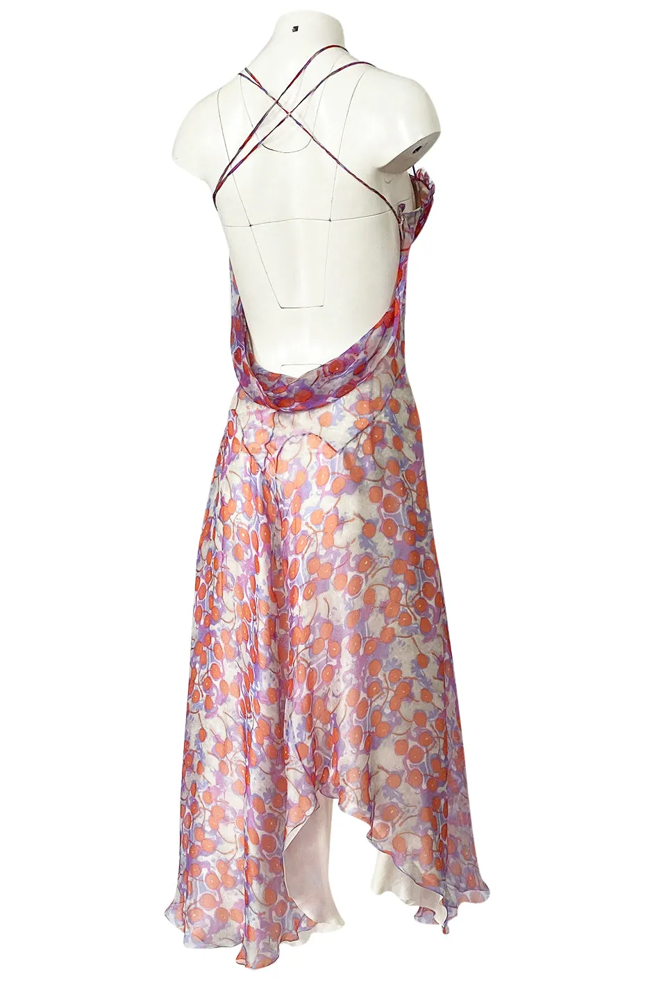 c2003 Alexander McQueen Silk Chiffon Cherry Print Backless Dress