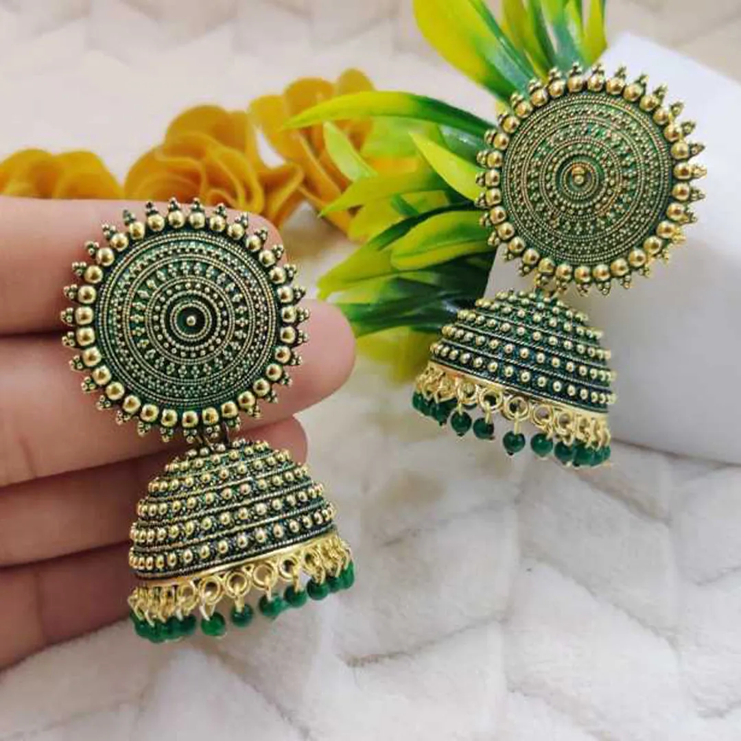 Combo of 2 Seagreen and Dark Green Pearls Dome Shape Jhumki
