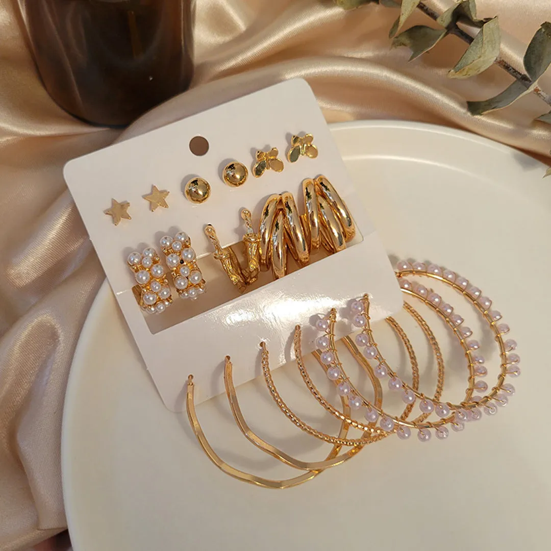 Combo Of 9 Pair Butterfly Star and Pearl Stud and Hoop Earrings