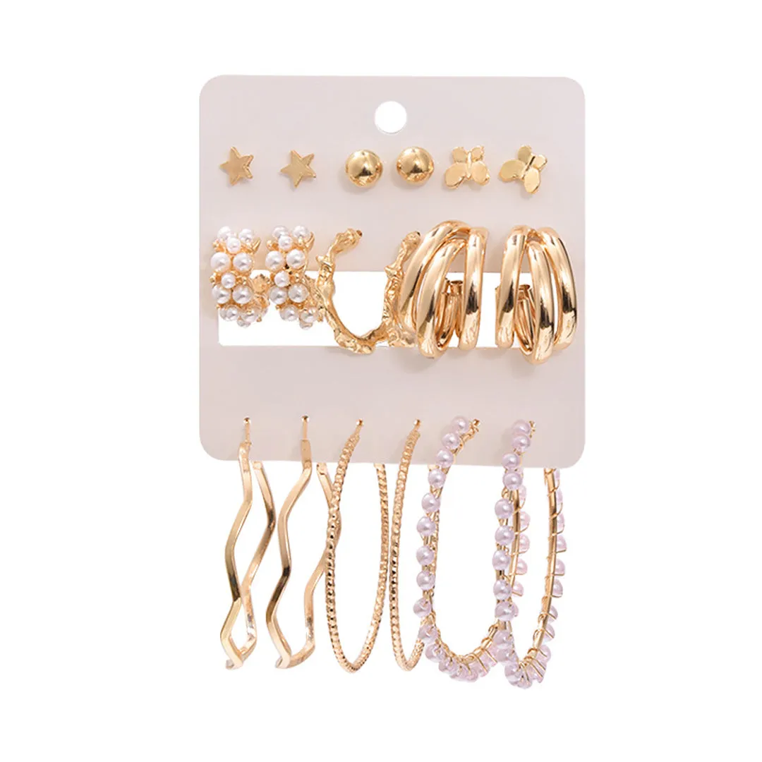 Combo Of 9 Pair Butterfly Star and Pearl Stud and Hoop Earrings