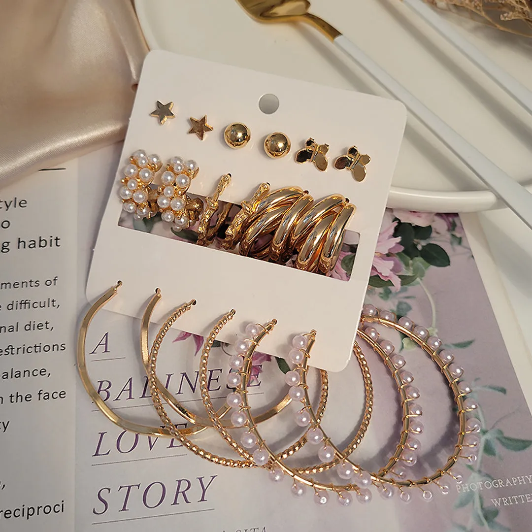 Combo Of 9 Pair Butterfly Star and Pearl Stud and Hoop Earrings