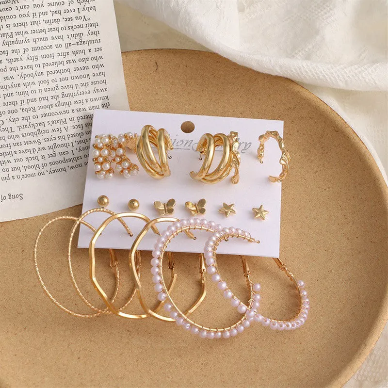Combo Of 9 Pair Butterfly Star and Pearl Stud and Hoop Earrings