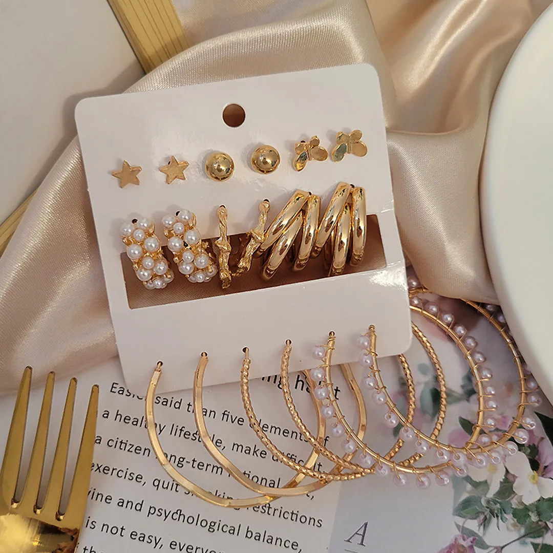Combo Of 9 Pair Butterfly Star and Pearl Stud and Hoop Earrings