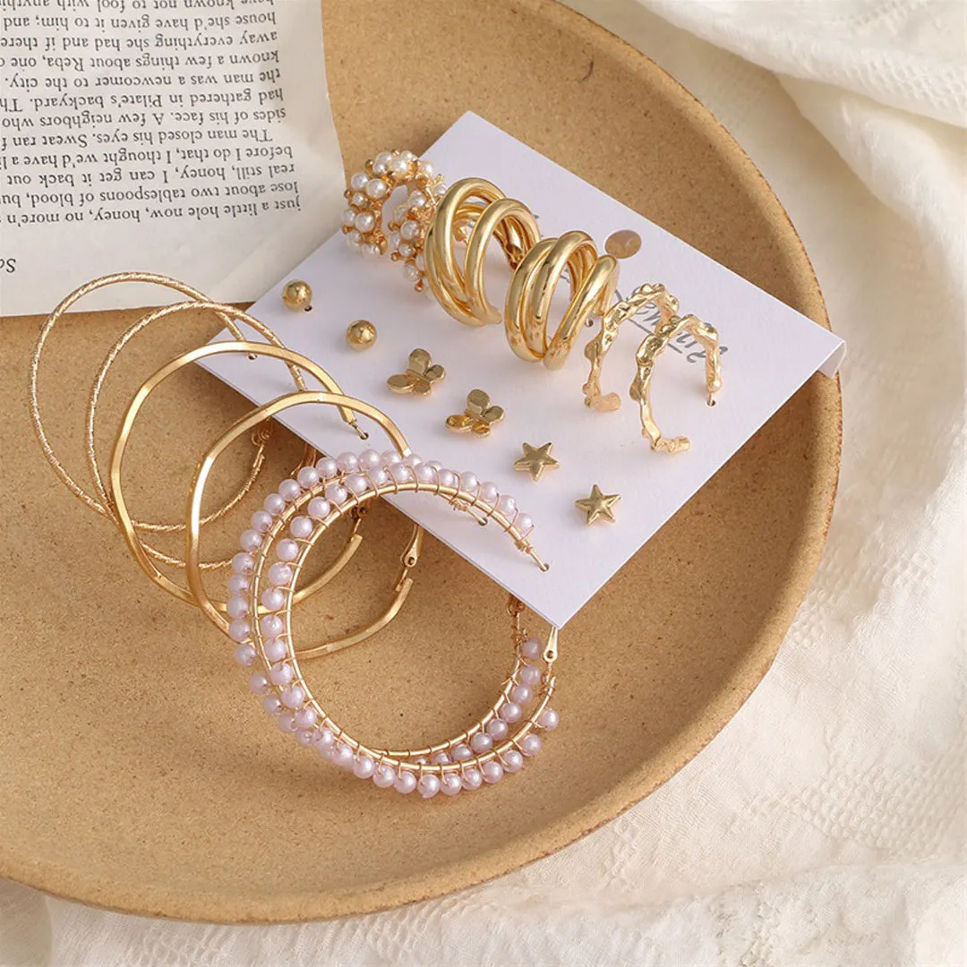 Combo Of 9 Pair Butterfly Star and Pearl Stud and Hoop Earrings