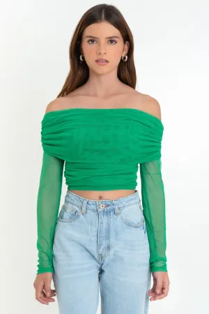 Crop top de mesh con plisados manga larga