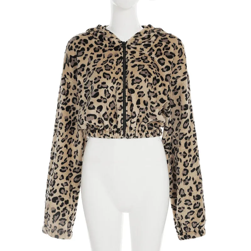 Cropped Animal Print Fleece Hoodie
