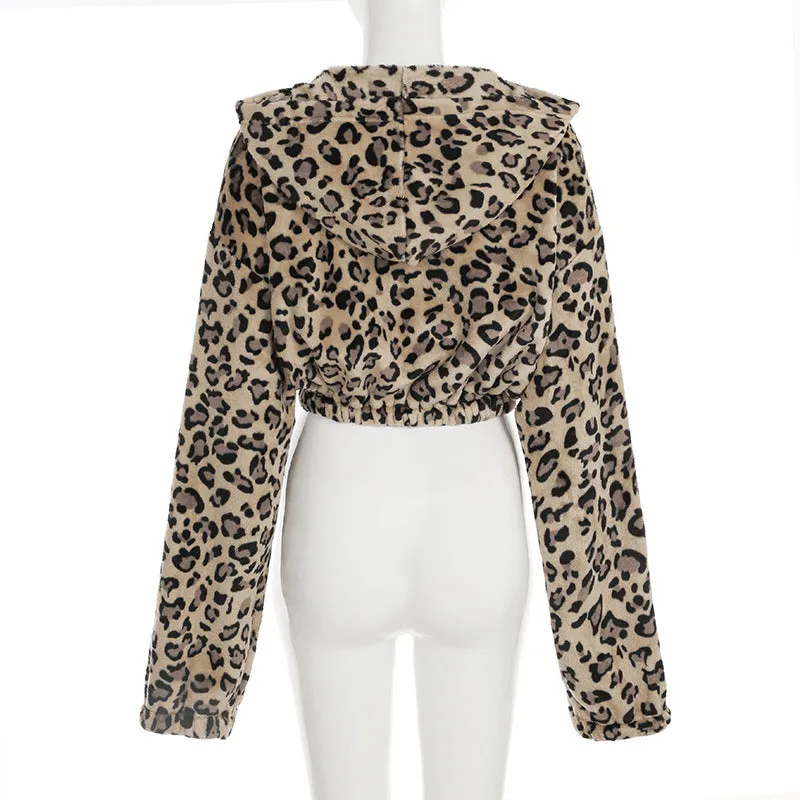 Cropped Animal Print Fleece Hoodie