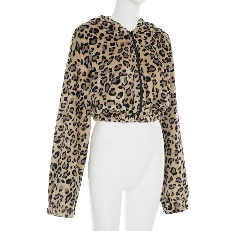 Cropped Animal Print Fleece Hoodie