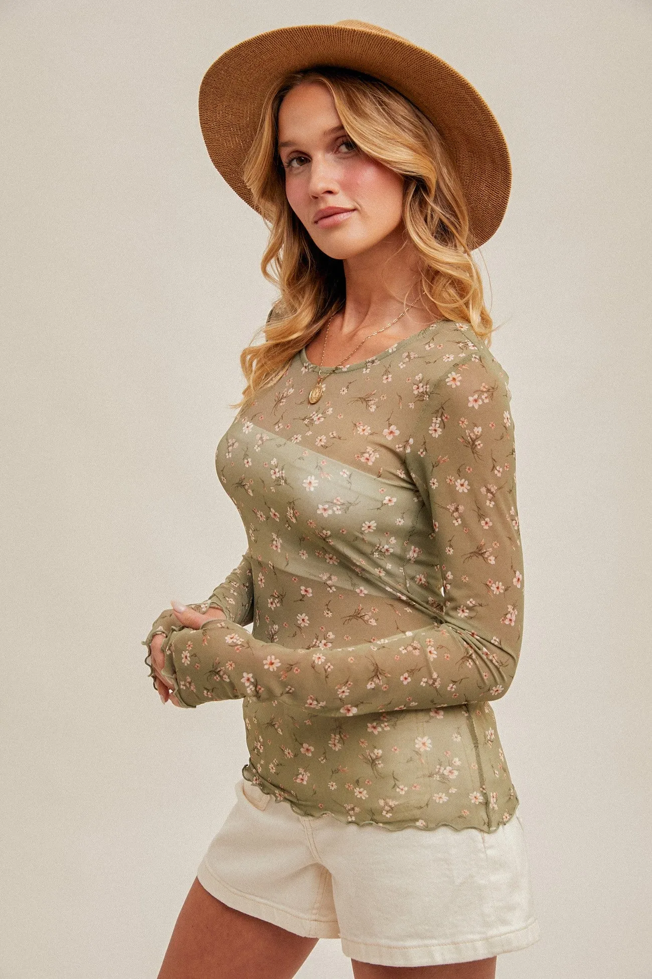 ditsy floral mesh long sleeve top