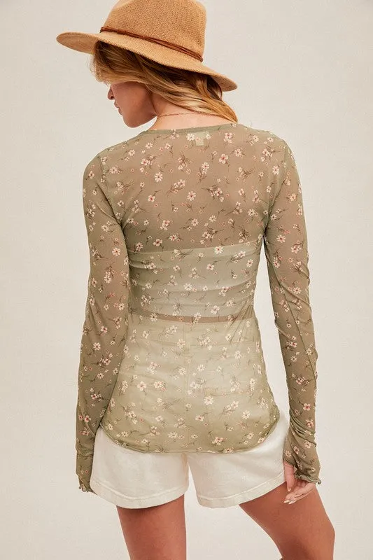 ditsy floral mesh long sleeve top