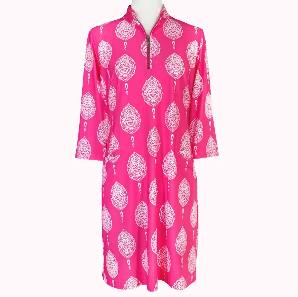 Doral Dress in Taj Mahal Block Print Pink and White