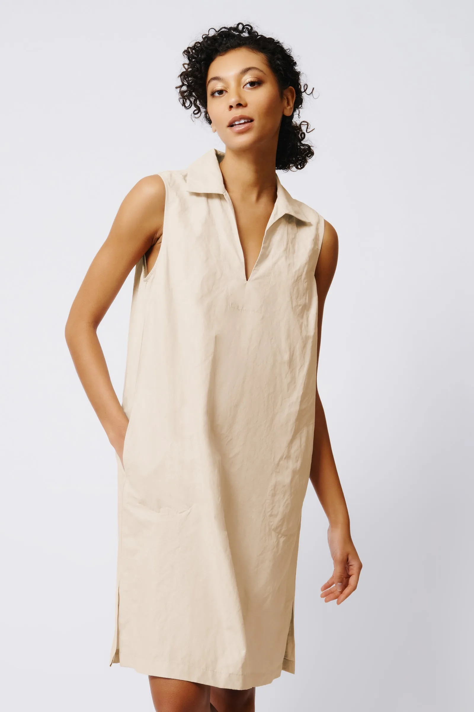 Eden Sleeveless Collared V Dress - Khaki