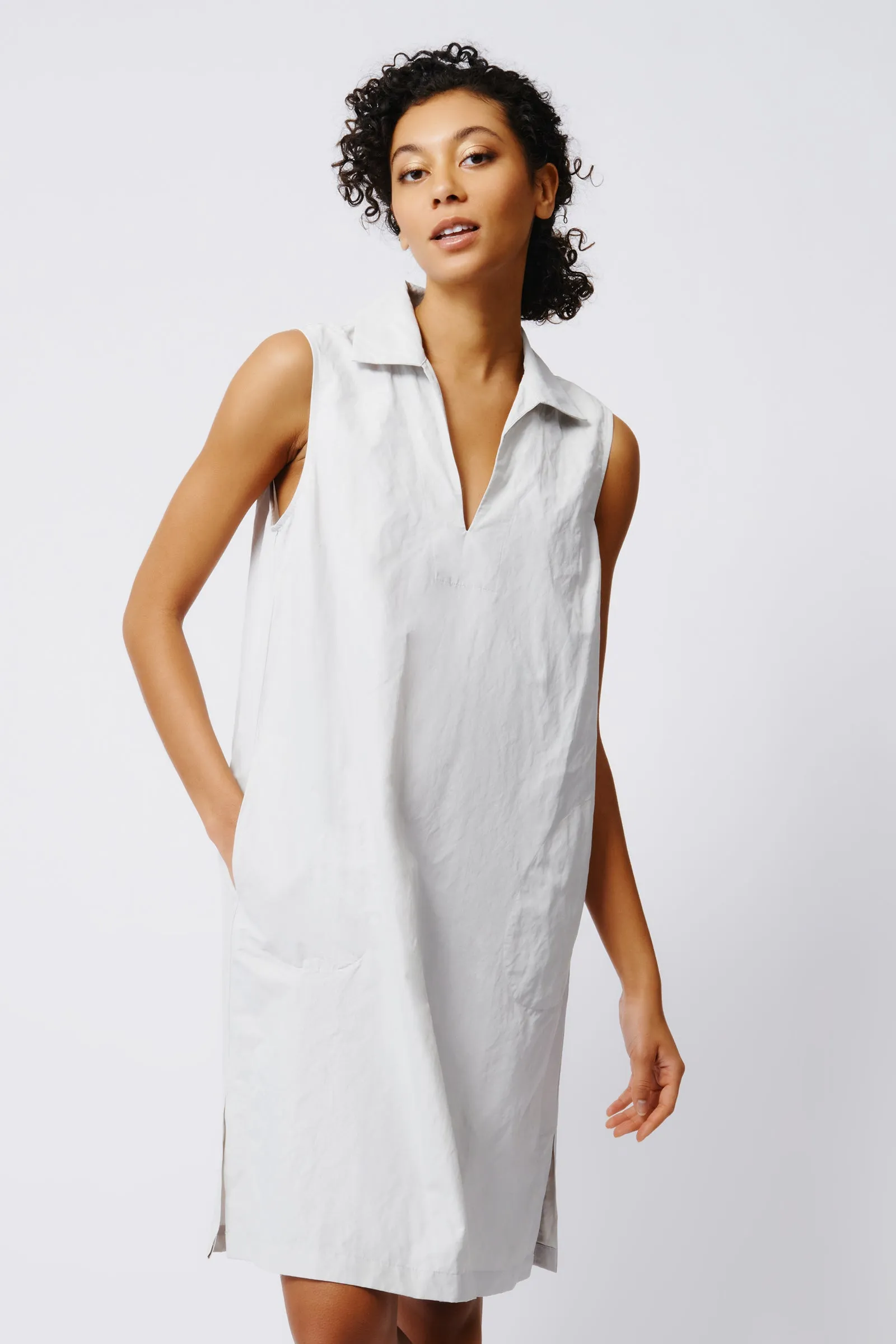 Eden Sleeveless Collared V Dress - Stone