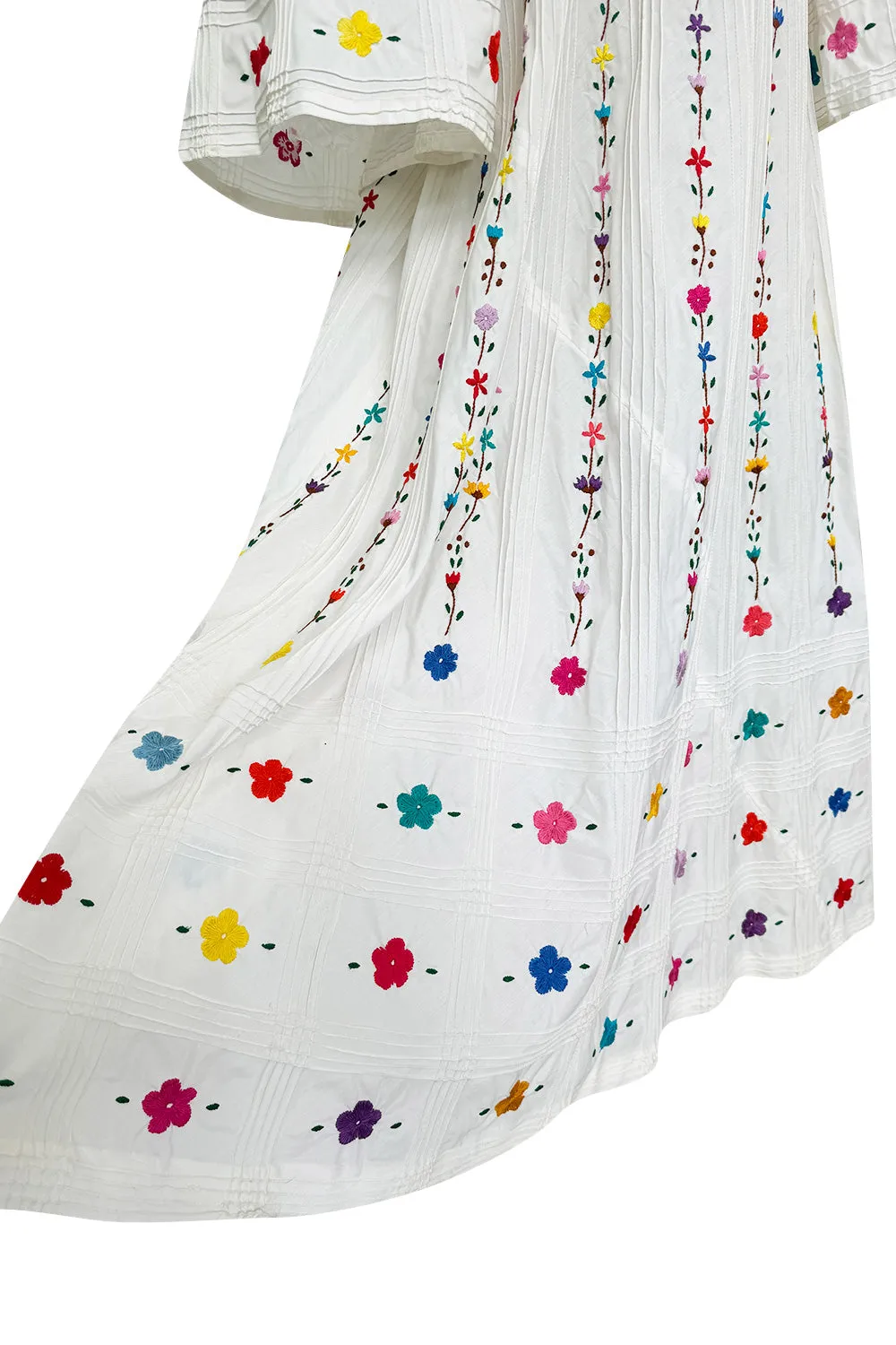 Fantastic 1960s Unlabeled White Cotton Hand Embroidered Mexican Caftan Dress