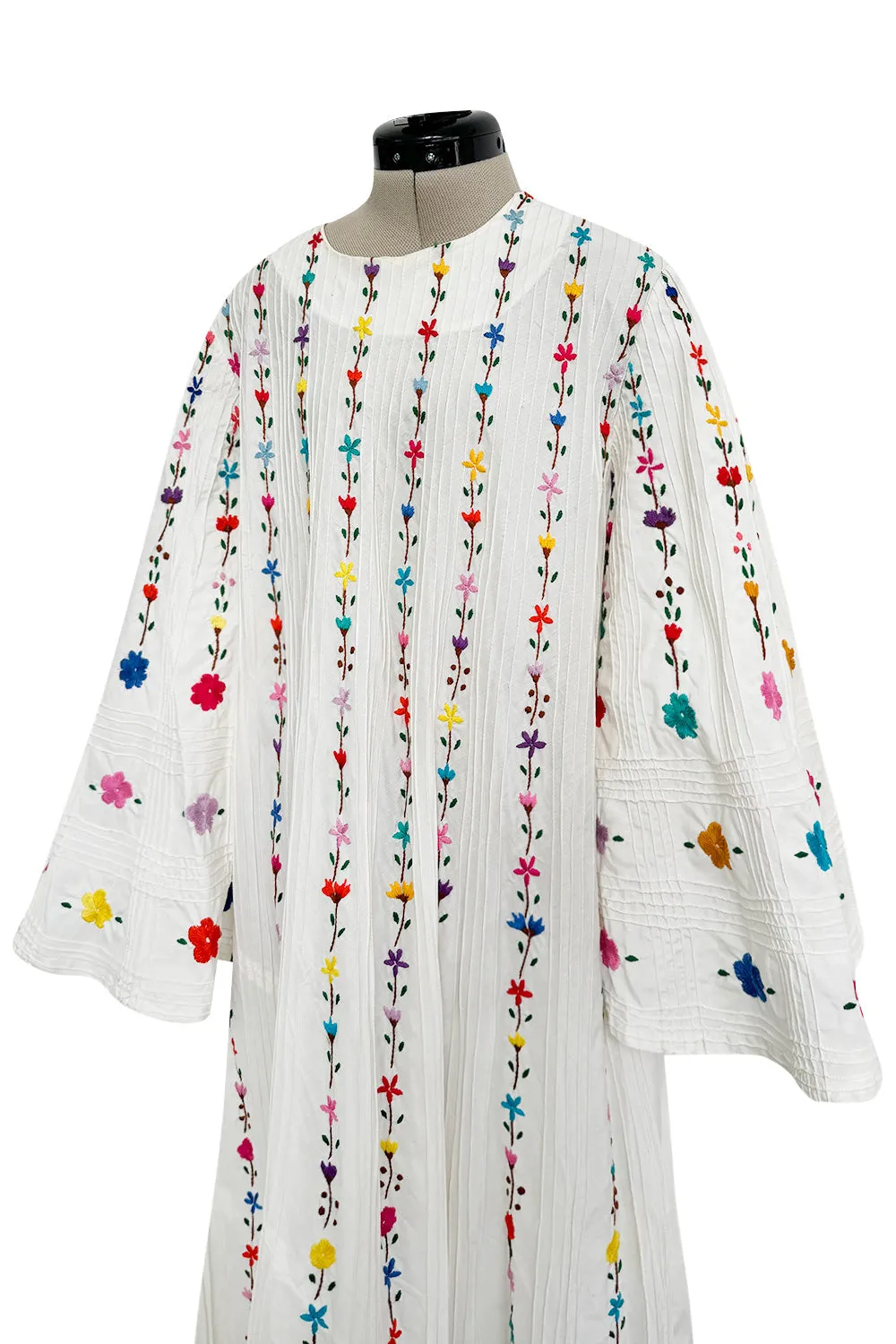 Fantastic 1960s Unlabeled White Cotton Hand Embroidered Mexican Caftan Dress