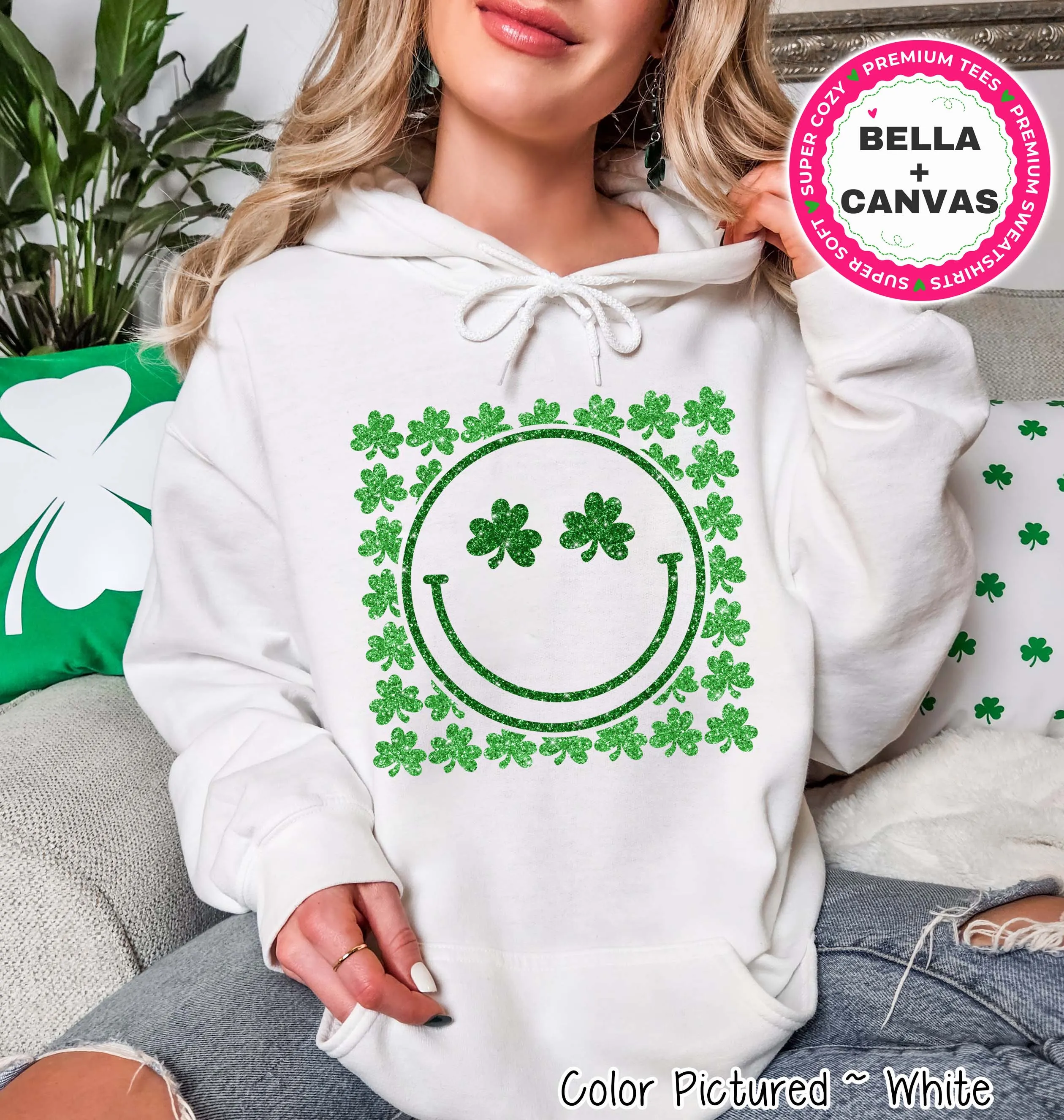 Faux Glitter Green Clover Smile St Patricks Day Tee or Sweatshirt