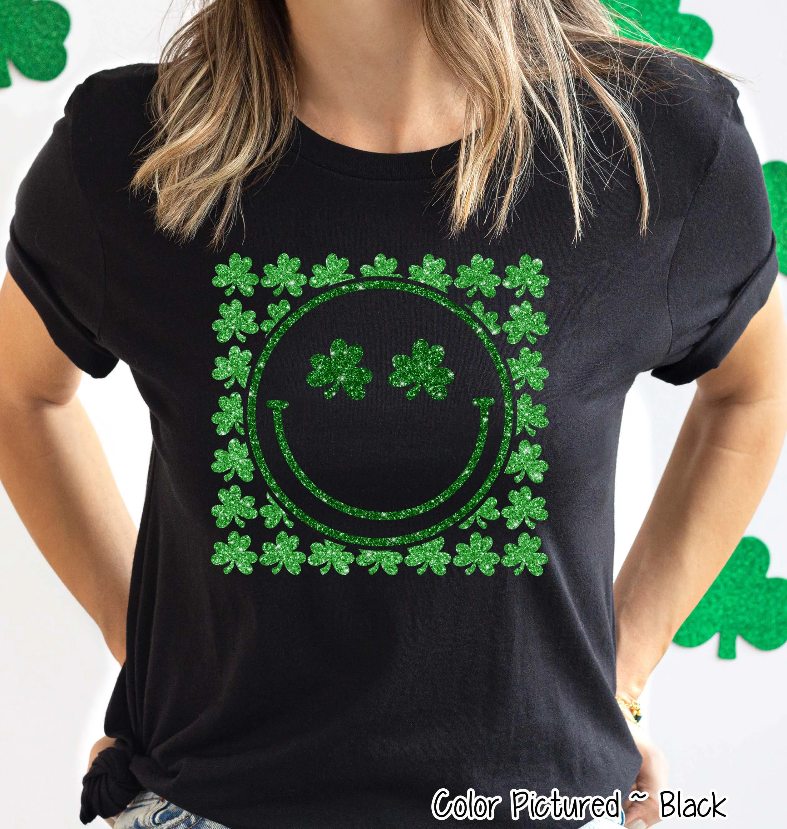 Faux Glitter Green Clover Smile St Patricks Day Tee or Sweatshirt