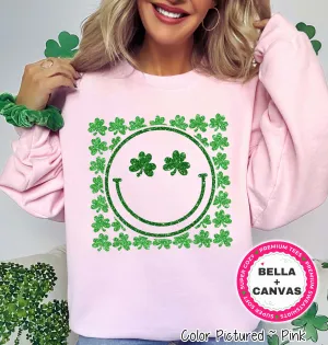 Faux Glitter Green Clover Smile St Patricks Day Tee or Sweatshirt