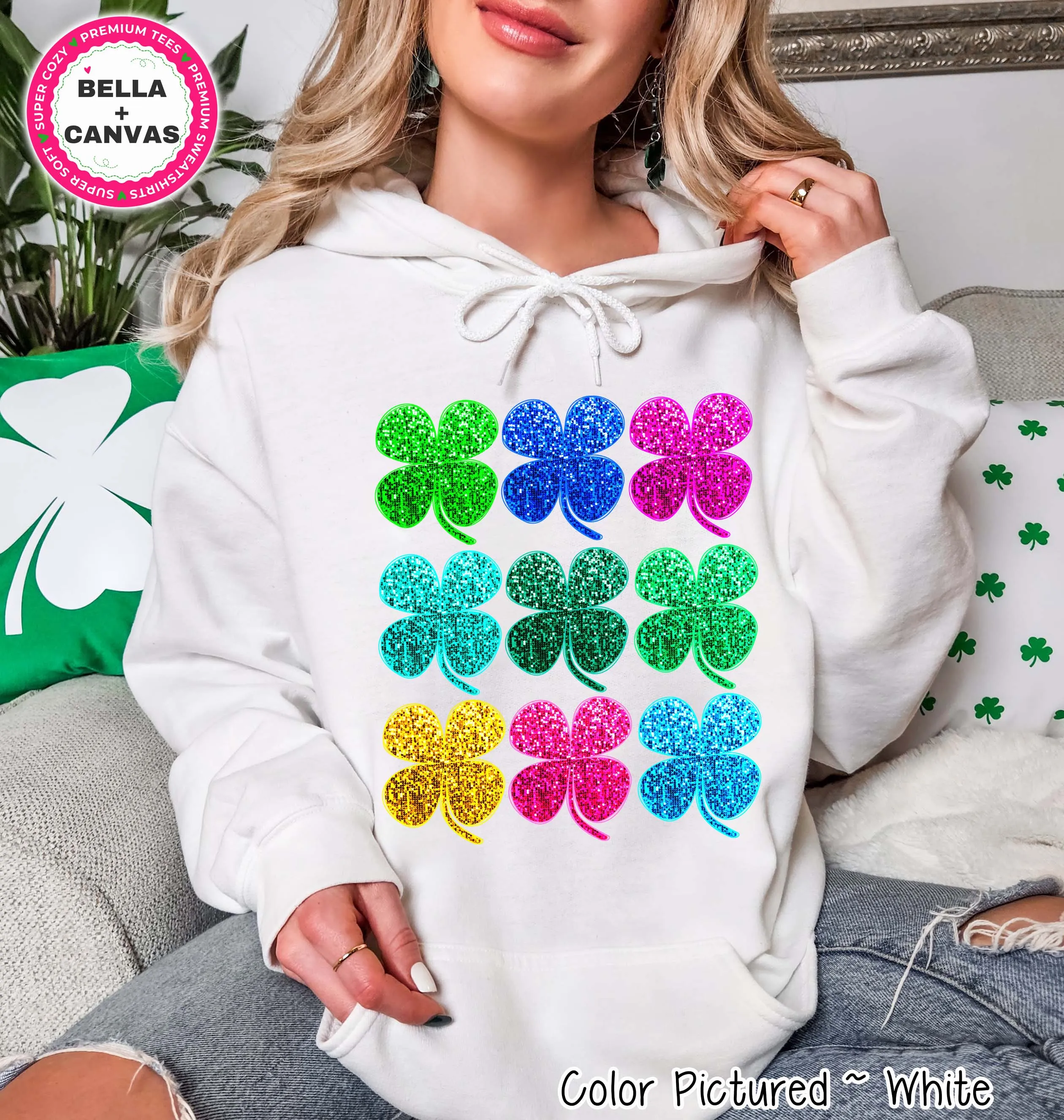 Faux Sequin Clovers St Patricks Day Tee or Sweatshirt