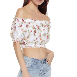 Floral Embroidered Off the Shoulder Crop Top