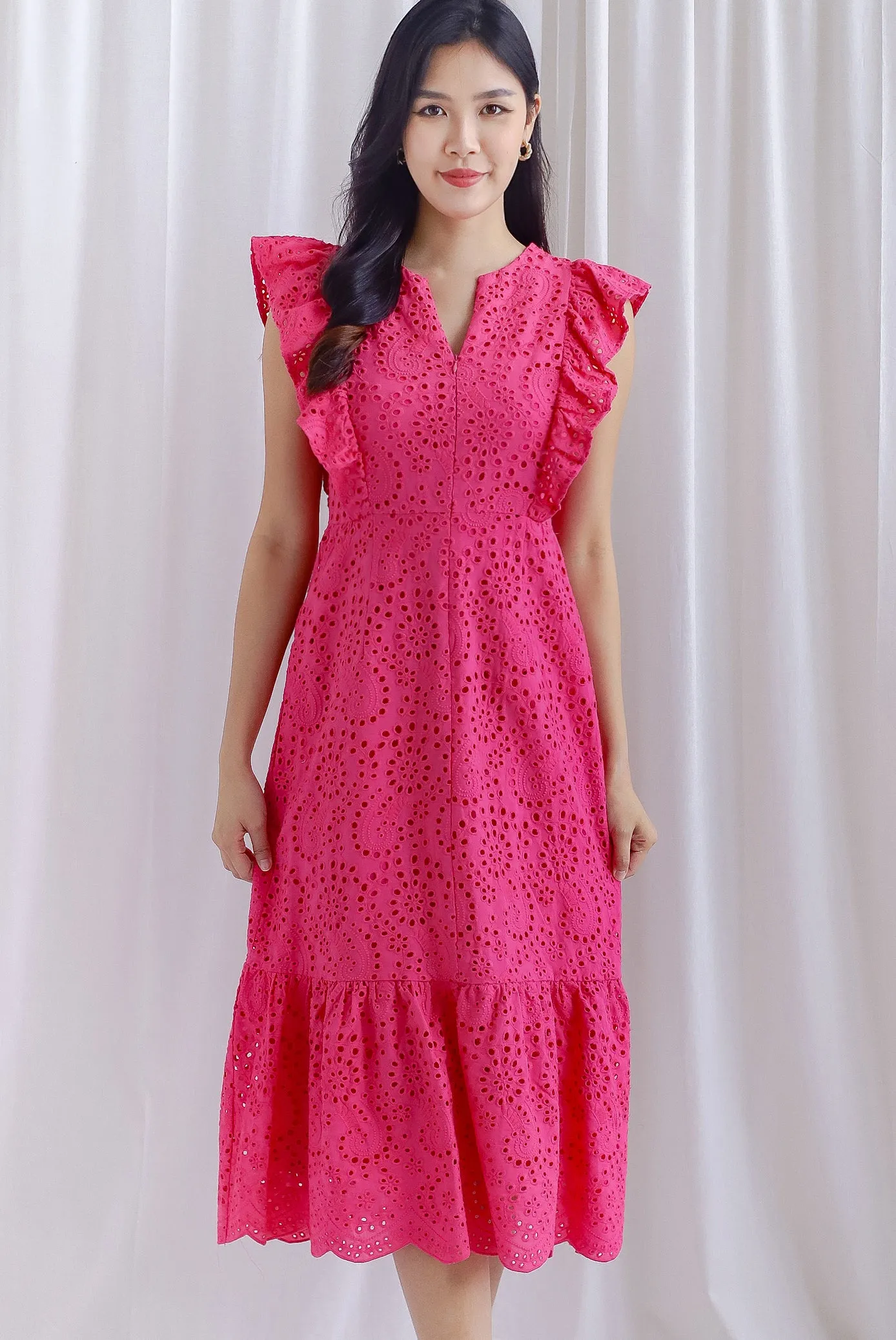 Flyn Eyelet Flutter Sleeve Tiered Dress In Hot Pink