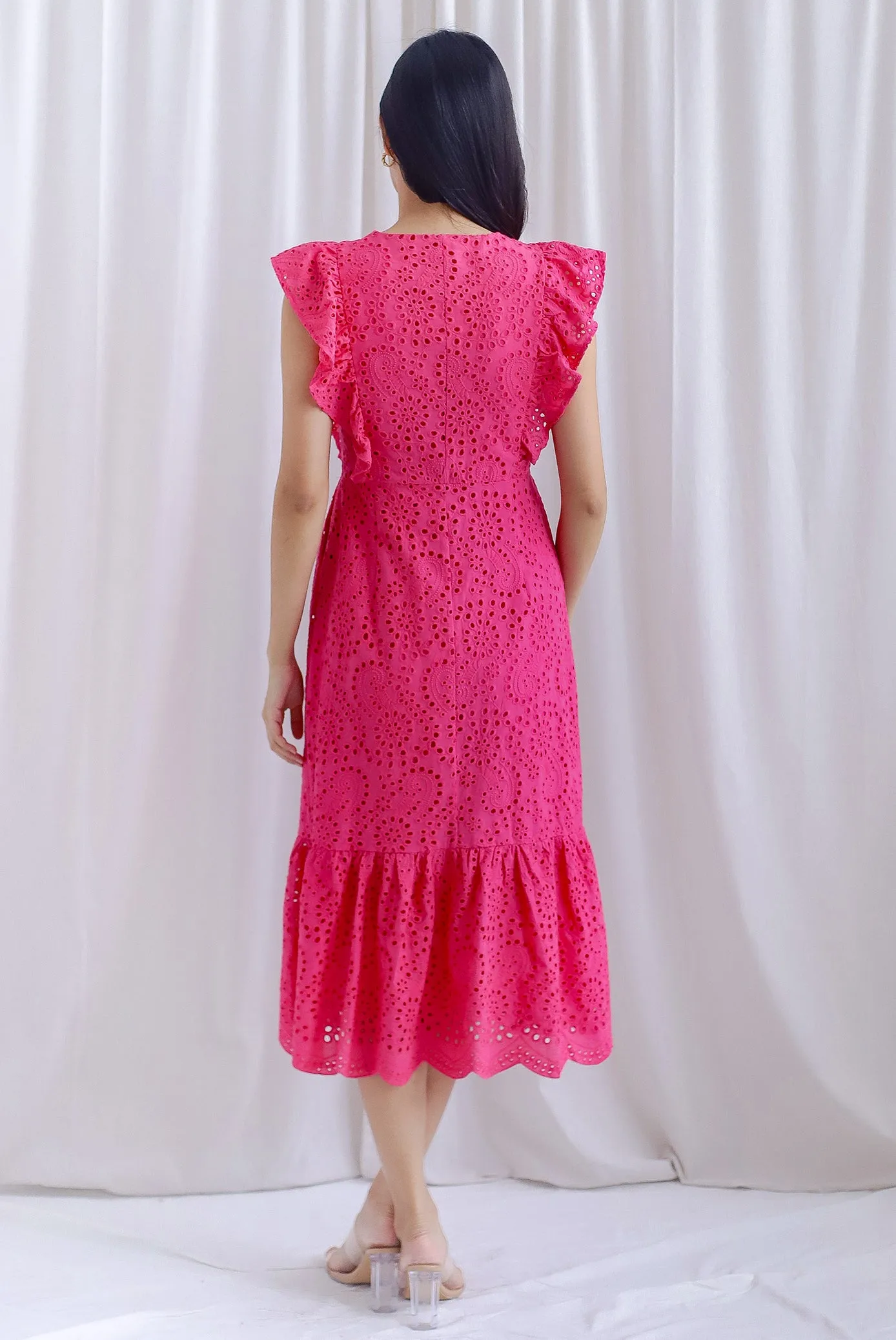 Flyn Eyelet Flutter Sleeve Tiered Dress In Hot Pink