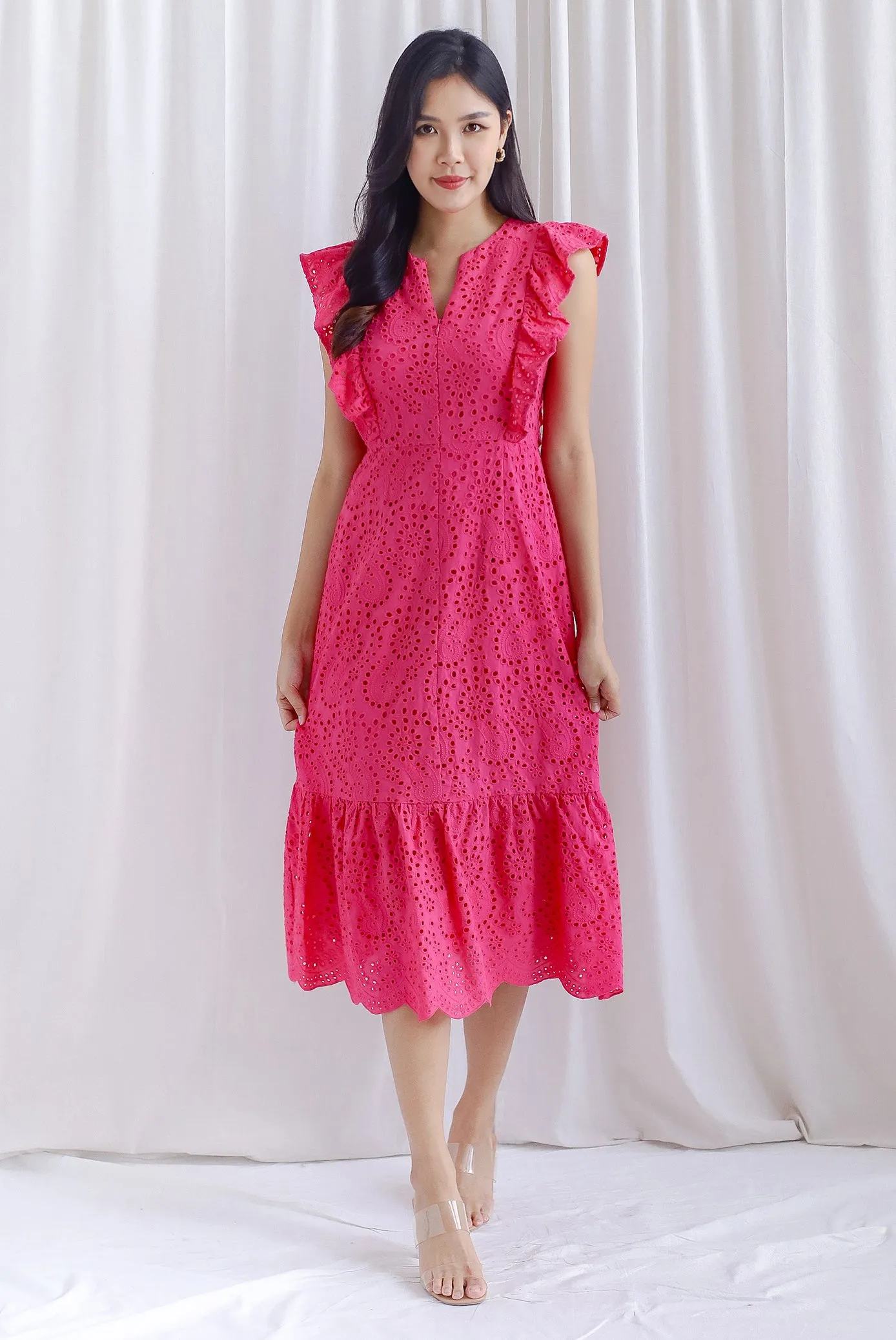 Flyn Eyelet Flutter Sleeve Tiered Dress In Hot Pink