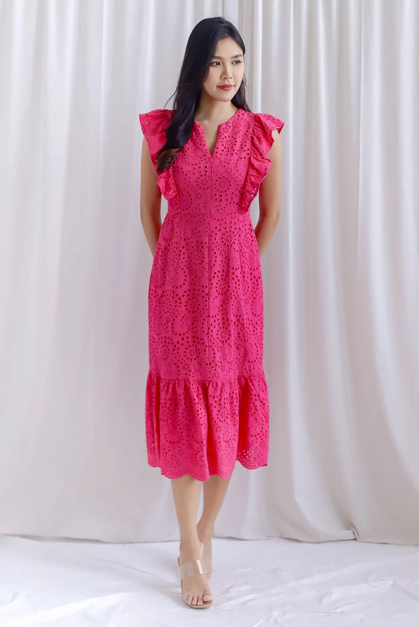Flyn Eyelet Flutter Sleeve Tiered Dress In Hot Pink