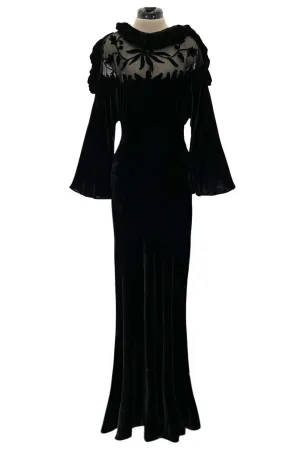 Gorgeous 1930s Bias Cut Silk Velvet Dress w Silk Mesh & Applique Detailing & Incredible Sleeves