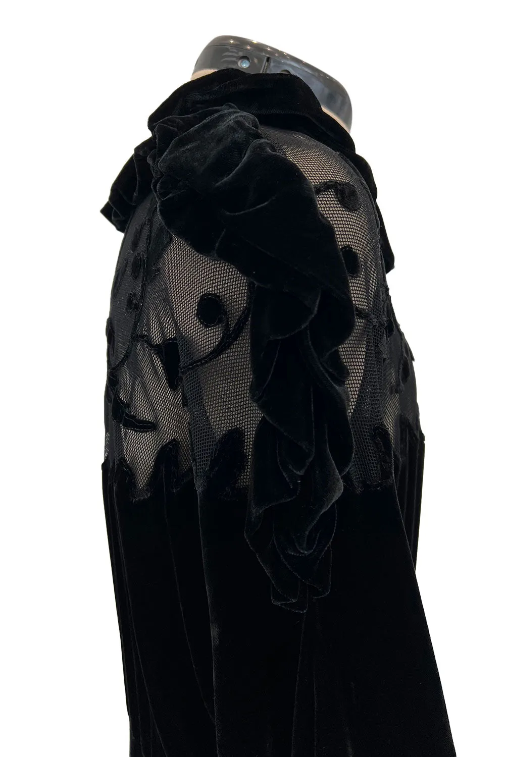 Gorgeous 1930s Bias Cut Silk Velvet Dress w Silk Mesh & Applique Detailing & Incredible Sleeves