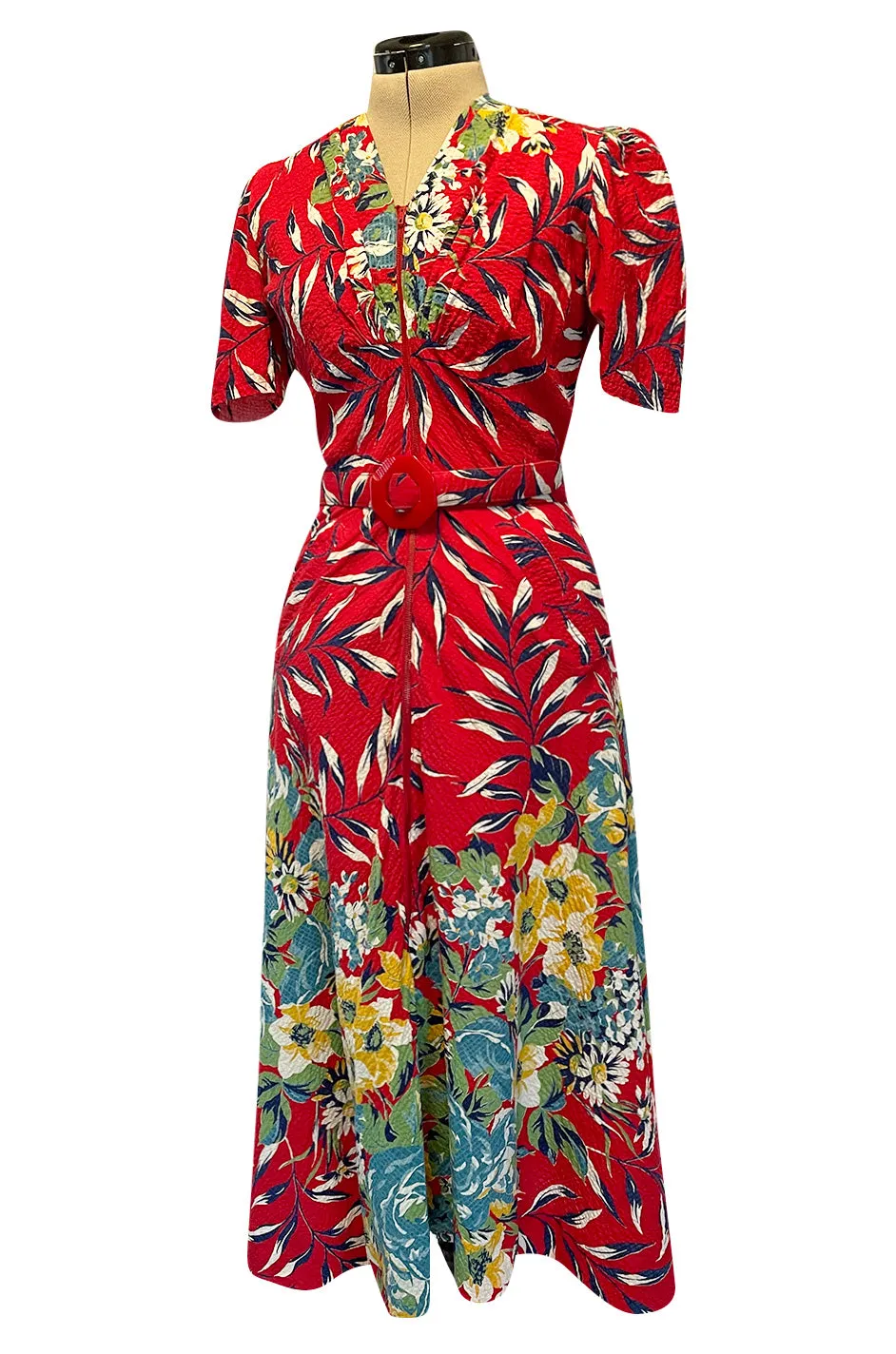 Gorgeous 1940s Unlabeled Cotton Pique Red & Bright Floral Print Dress w Original Belt