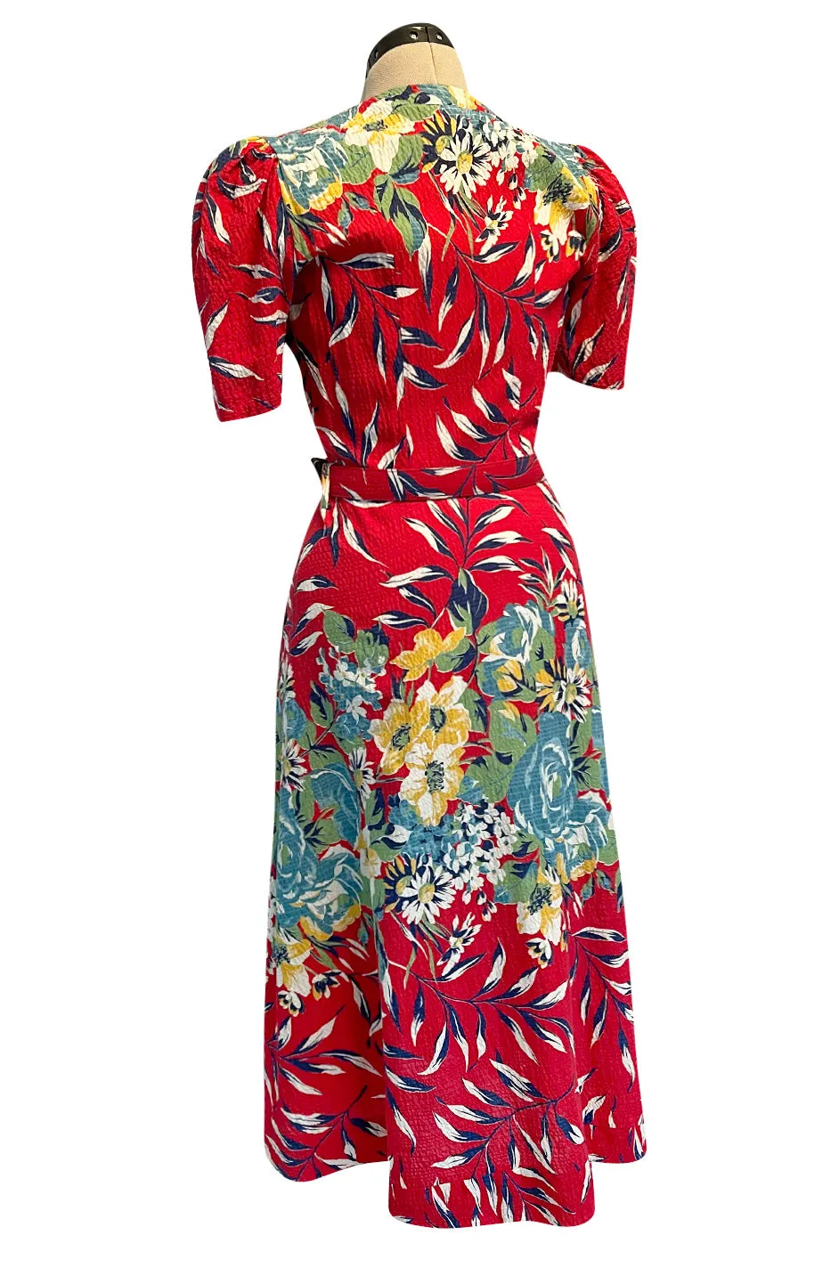 Gorgeous 1940s Unlabeled Cotton Pique Red & Bright Floral Print Dress w Original Belt