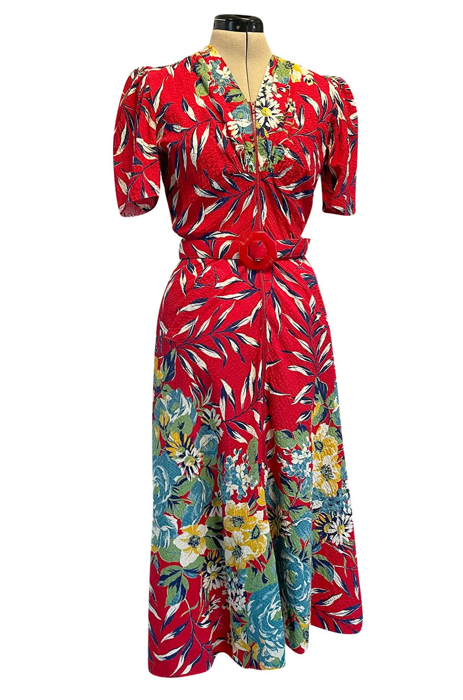 Gorgeous 1940s Unlabeled Cotton Pique Red & Bright Floral Print Dress w Original Belt