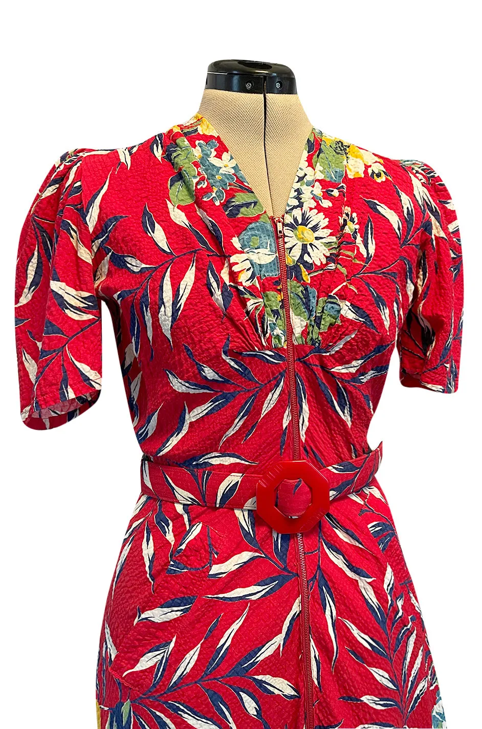 Gorgeous 1940s Unlabeled Cotton Pique Red & Bright Floral Print Dress w Original Belt