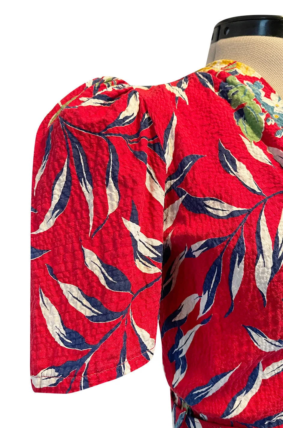 Gorgeous 1940s Unlabeled Cotton Pique Red & Bright Floral Print Dress w Original Belt