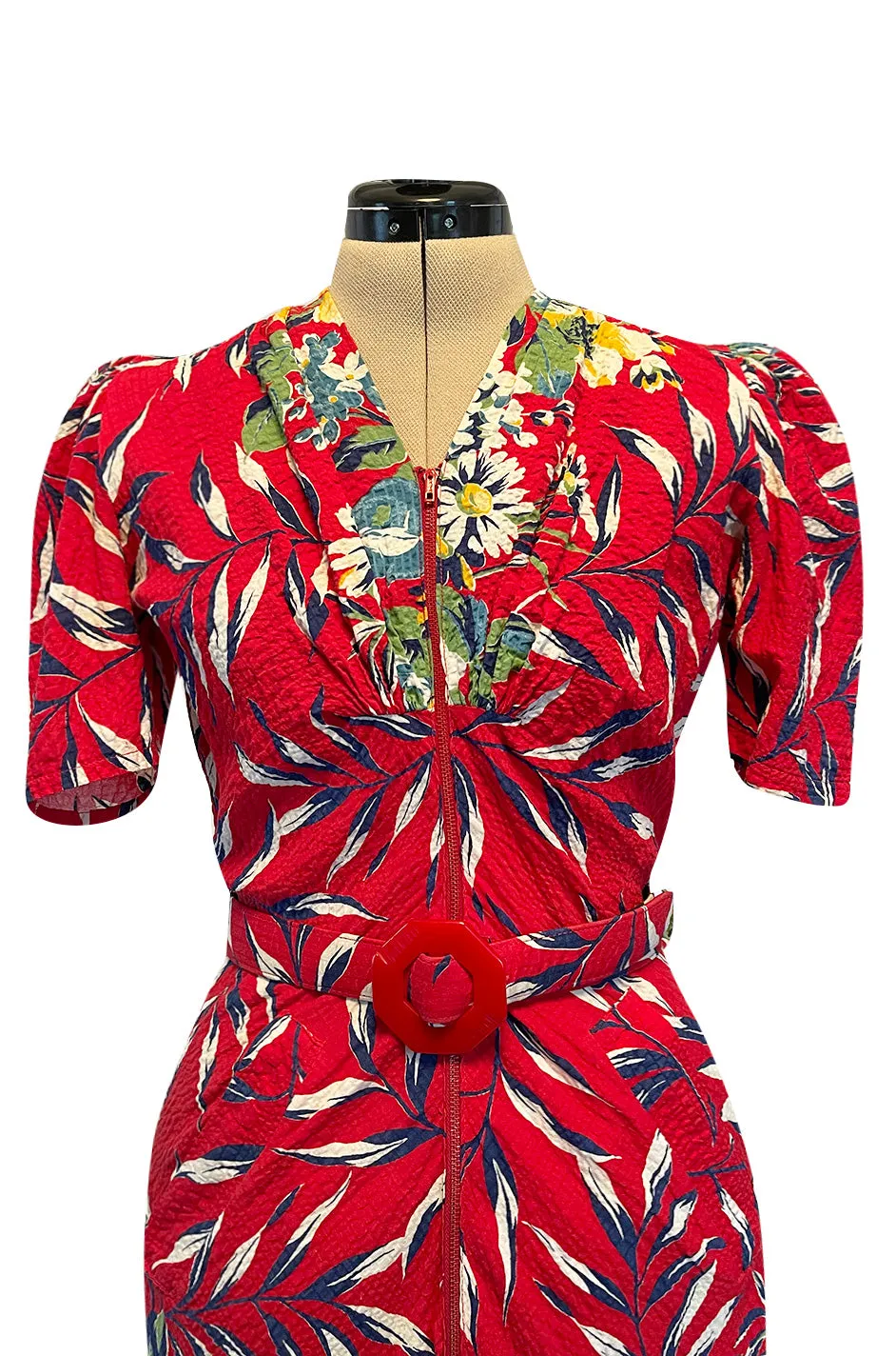 Gorgeous 1940s Unlabeled Cotton Pique Red & Bright Floral Print Dress w Original Belt