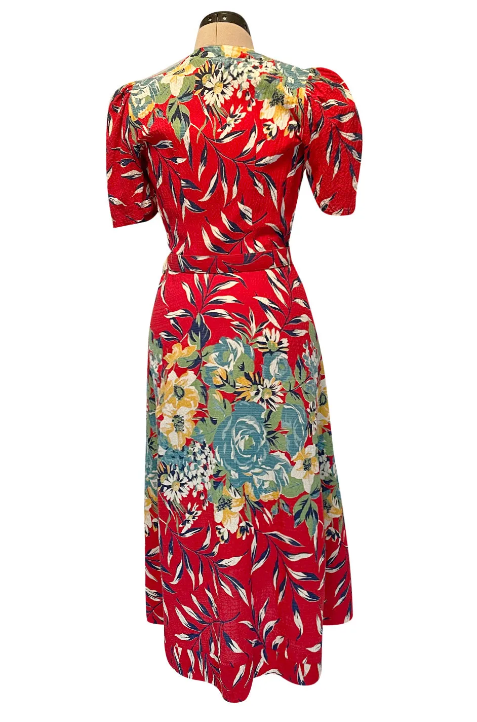 Gorgeous 1940s Unlabeled Cotton Pique Red & Bright Floral Print Dress w Original Belt