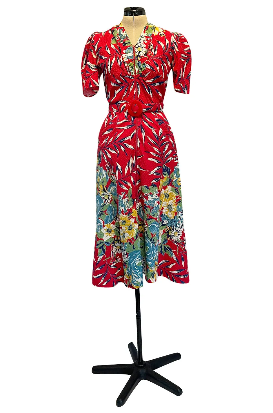 Gorgeous 1940s Unlabeled Cotton Pique Red & Bright Floral Print Dress w Original Belt