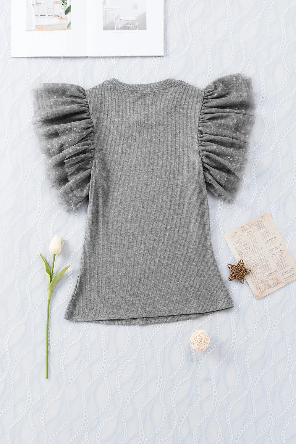 Gray Beige Dotty Mesh Ruffle Sleeve Ribbed Knit Top