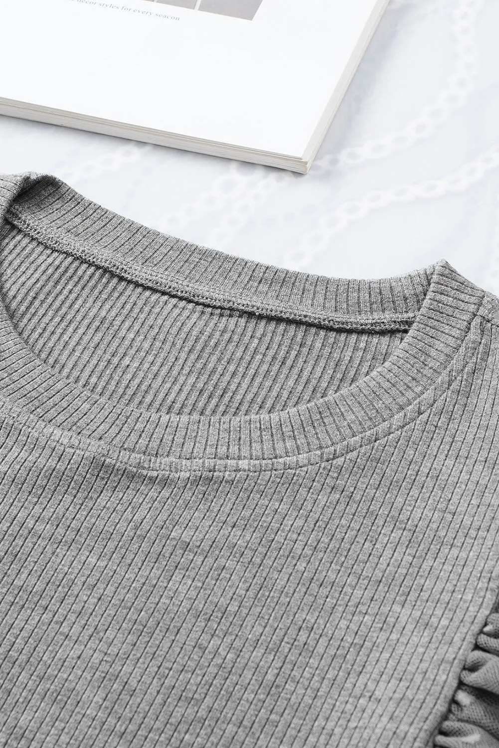 Gray Beige Dotty Mesh Ruffle Sleeve Ribbed Knit Top