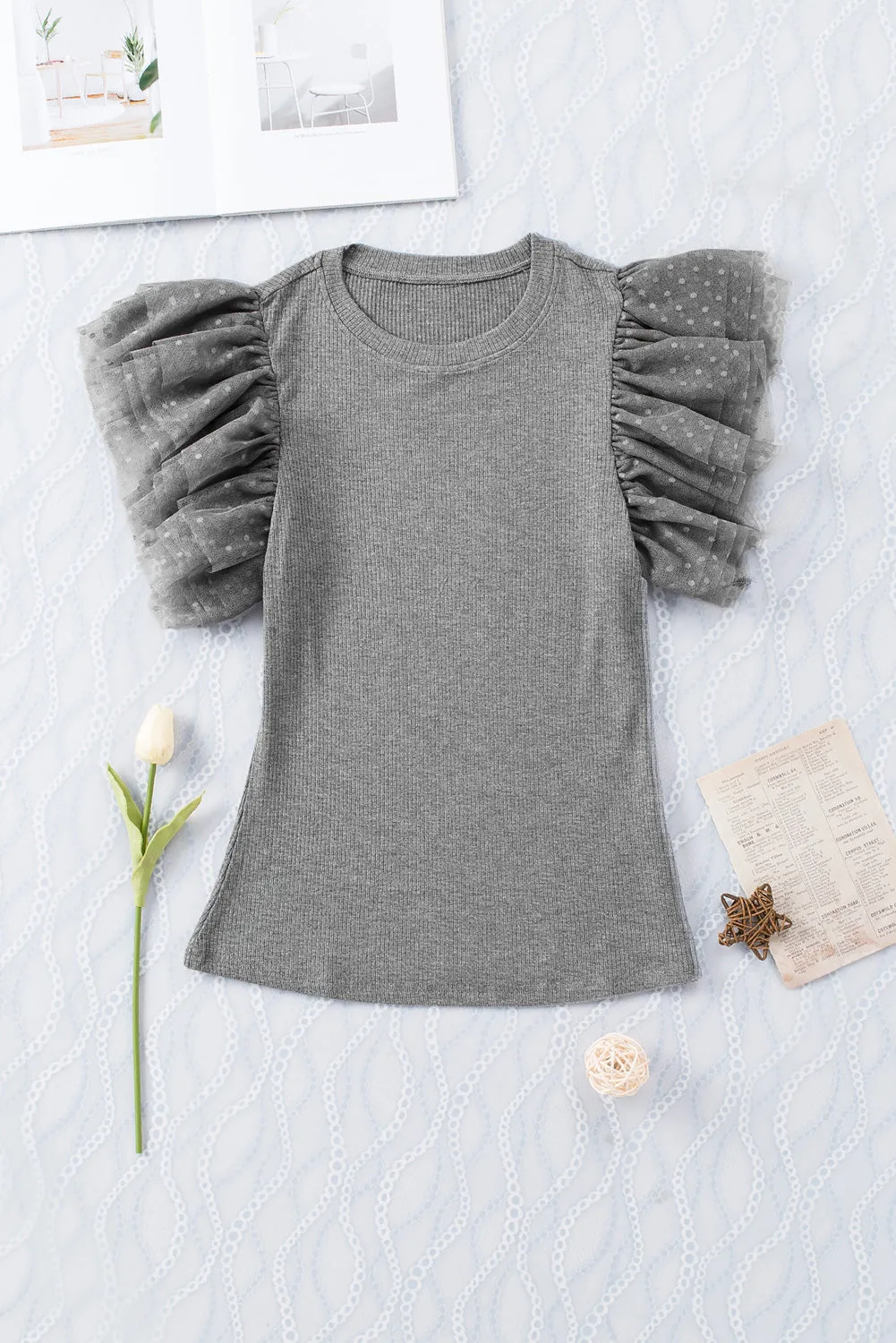 Gray Beige Dotty Mesh Ruffle Sleeve Ribbed Knit Top