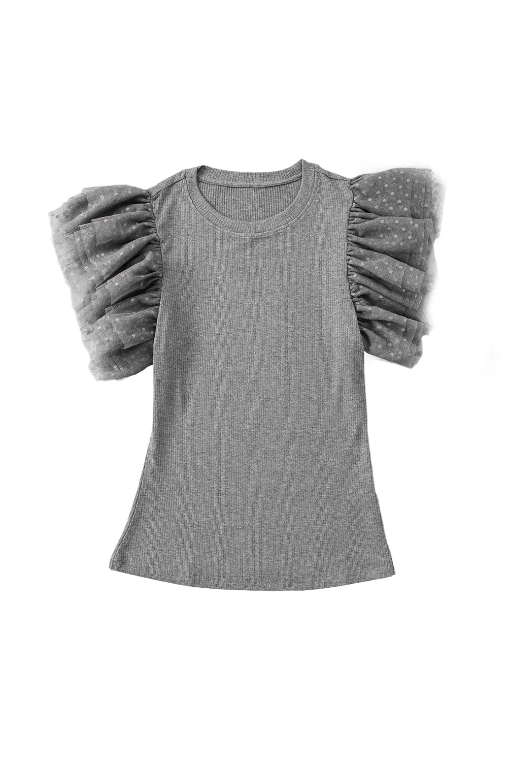 Gray Beige Dotty Mesh Ruffle Sleeve Ribbed Knit Top