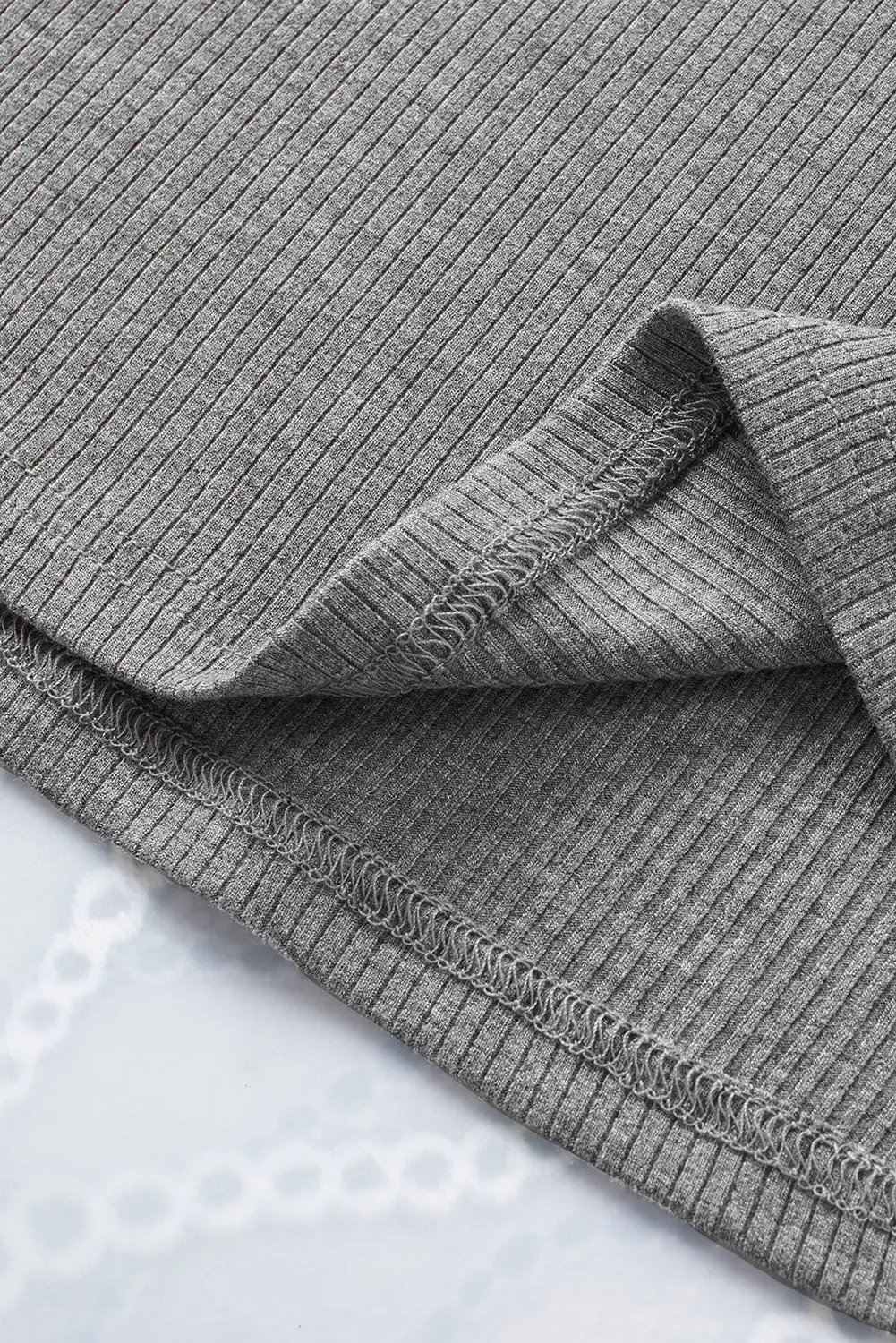 Gray Beige Dotty Mesh Ruffle Sleeve Ribbed Knit Top