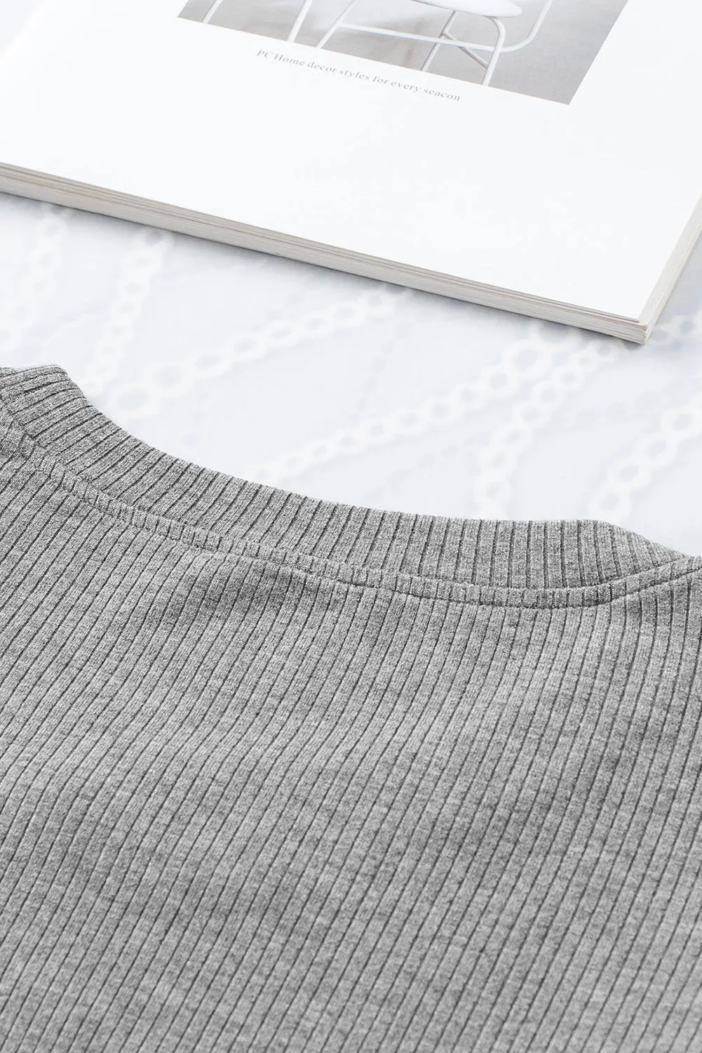 Gray Beige Dotty Mesh Ruffle Sleeve Ribbed Knit Top