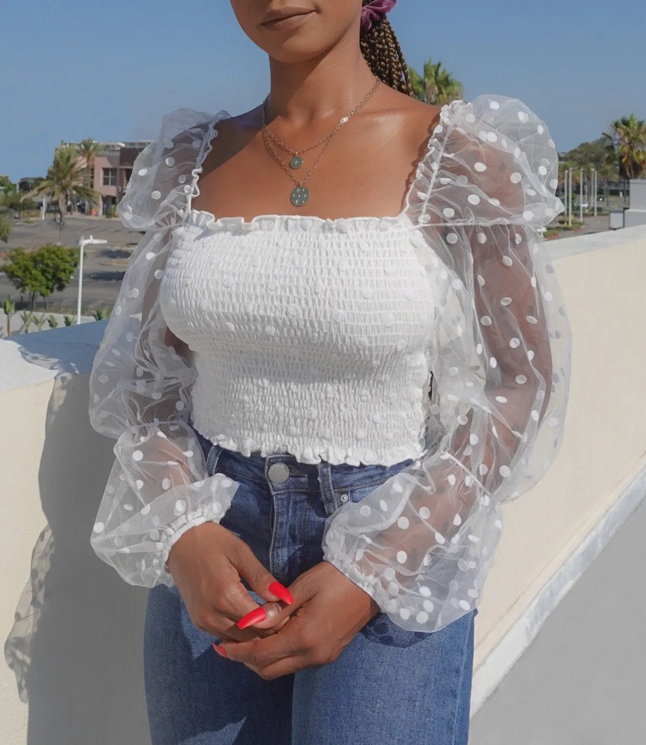 Holiday Dinner Mesh Sleeve Top(White)