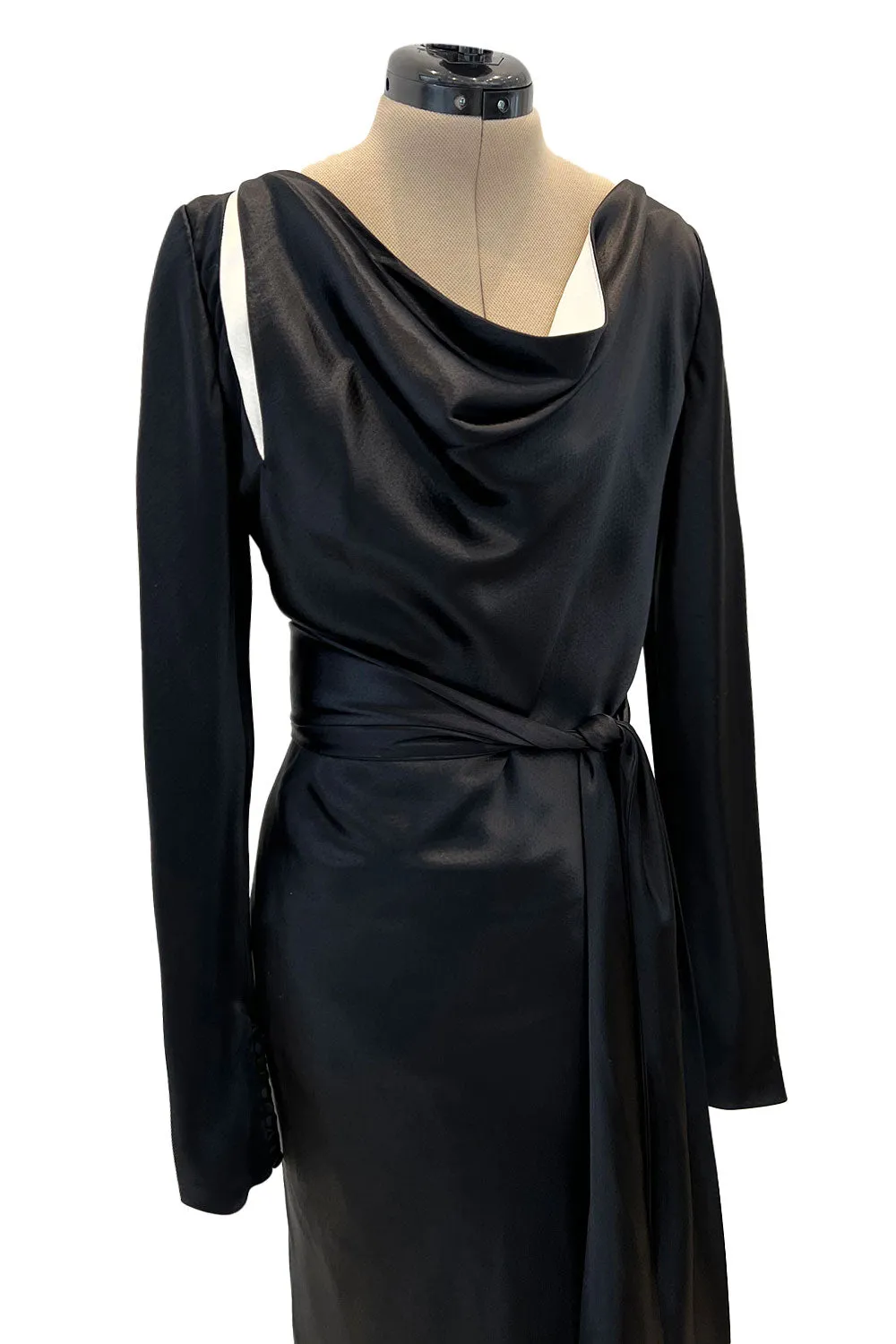 Incredible 2007 Alexander McQueen Original Bias Cut Black Silk Satin Dress w Tie Belt