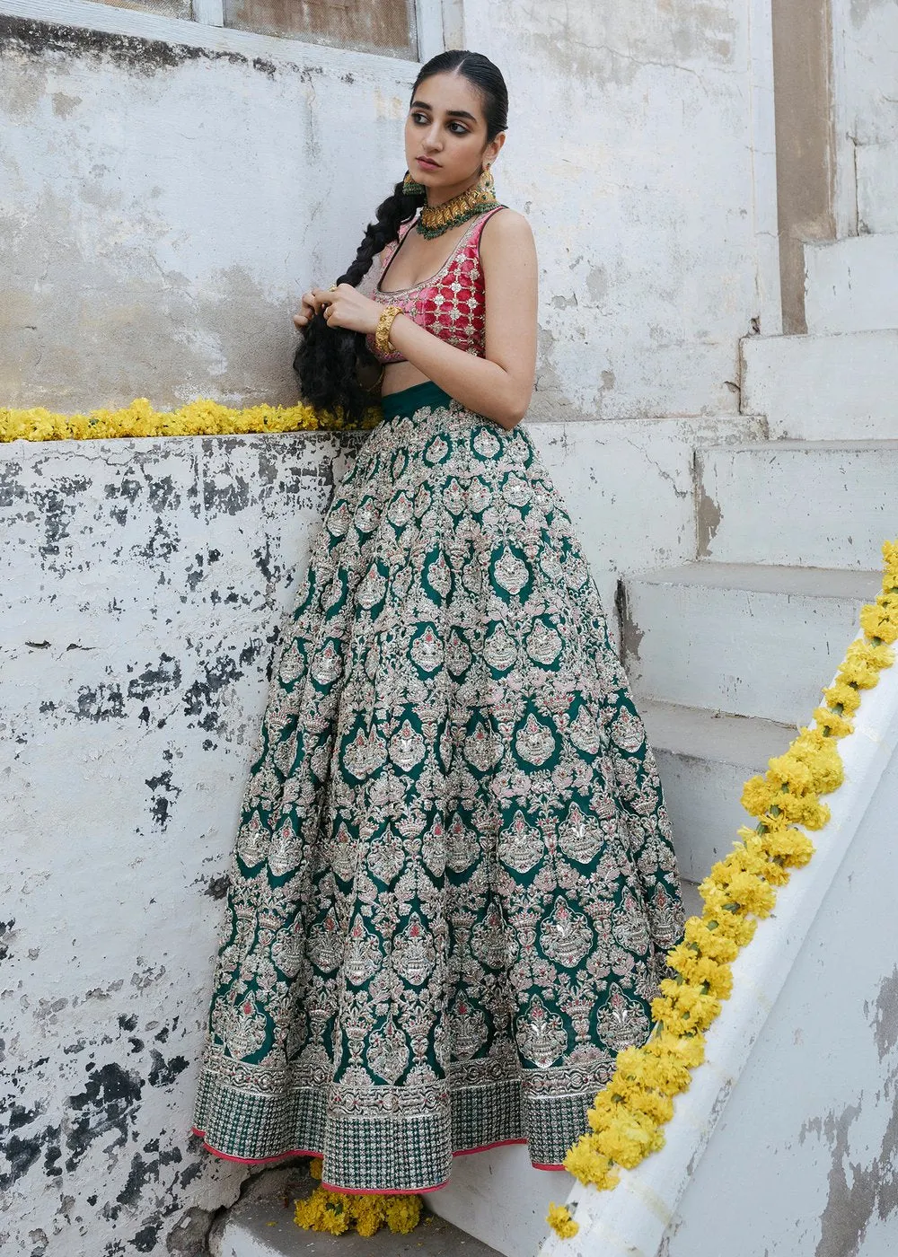 Indian wedding outfit in red and green color for wedding wear # B3416