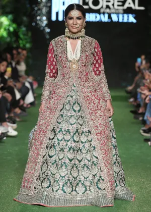 Indian wedding outfit in red and green color for wedding wear # B3416